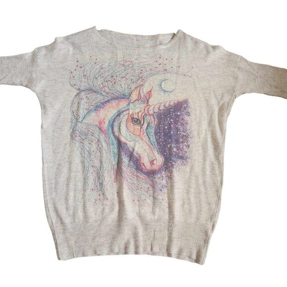 Unicorn Sweater Womens Size M Oatmeal Purple Pink Pullover Thin Knit Ribbed - Picture 2 of 7